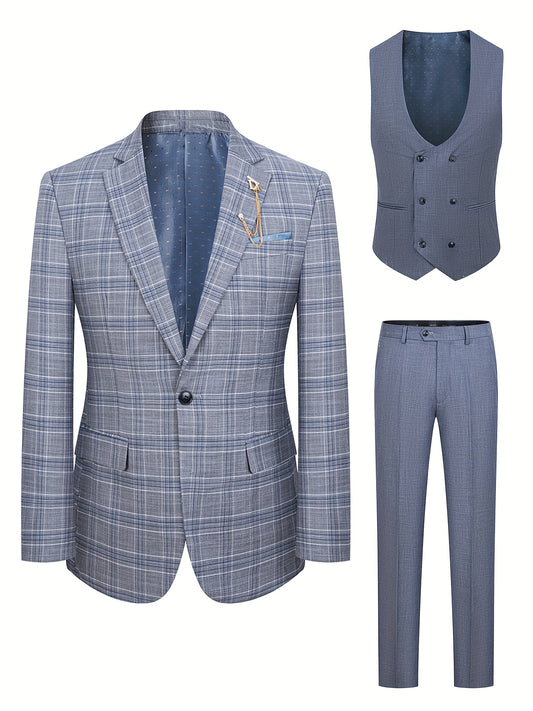 Blue checkered suit with jacket, vest, and pants on a white background