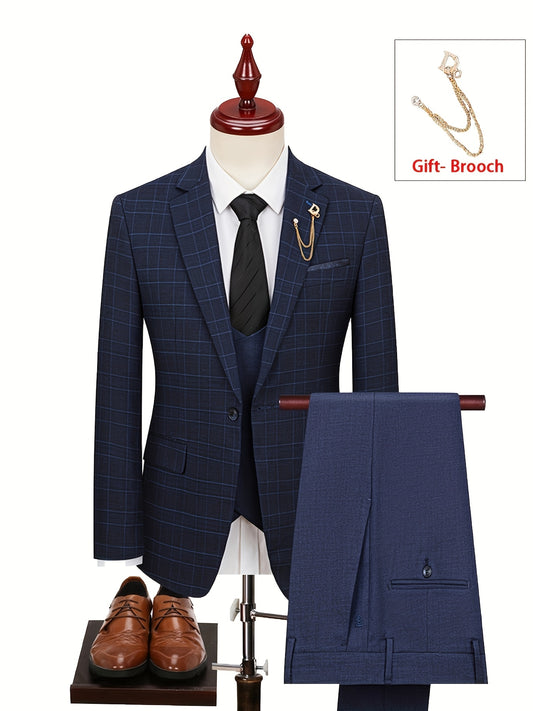 Blue checkered suit on a mannequin with a gold brooch, white shirt, black tie, and brown shoes.