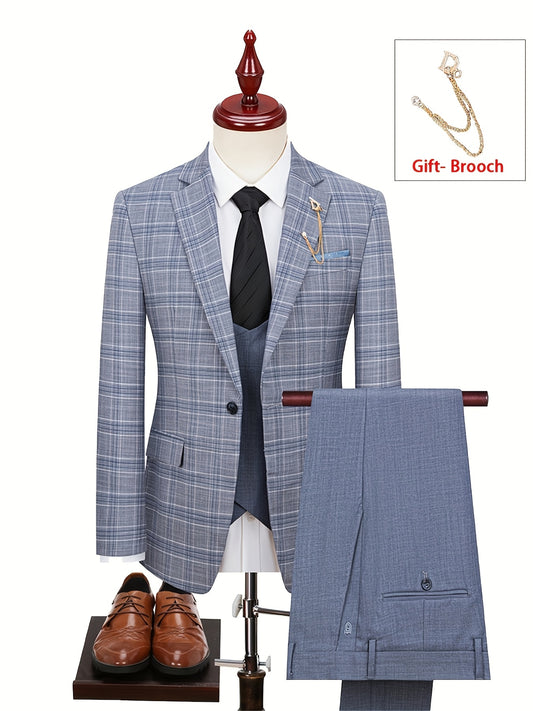Blue checkered suit with brown shoes and a gift brooch on a white background