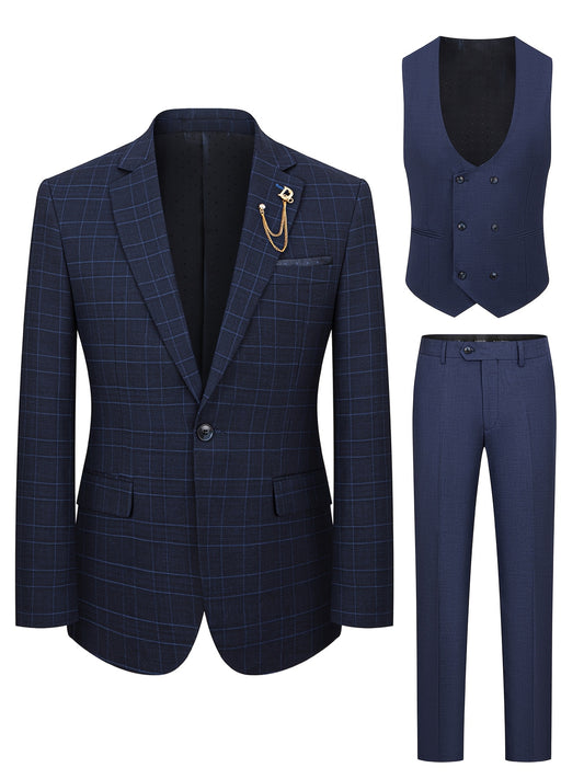 Navy blue checkered suit with vest and pants on a white background