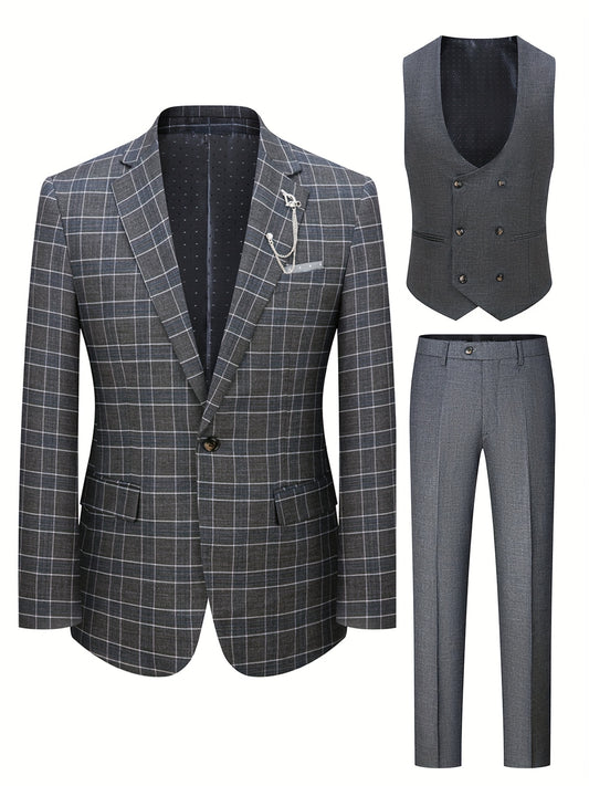 Gray checkered suit with vest and pants on a white background