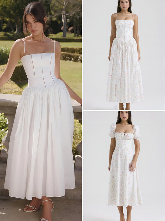 Three images of a woman wearing different white dresses in various settings.