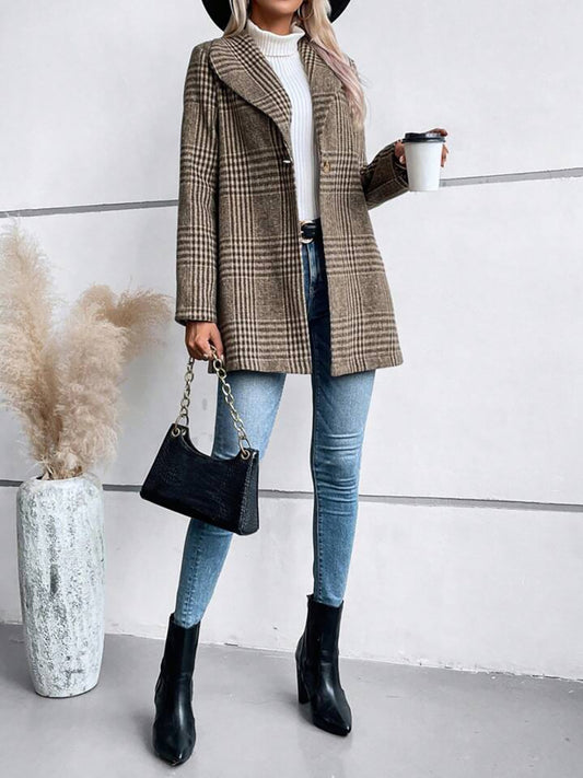 Trendy Comfort Plaid Collared Neck Long Sleeve Jacket
