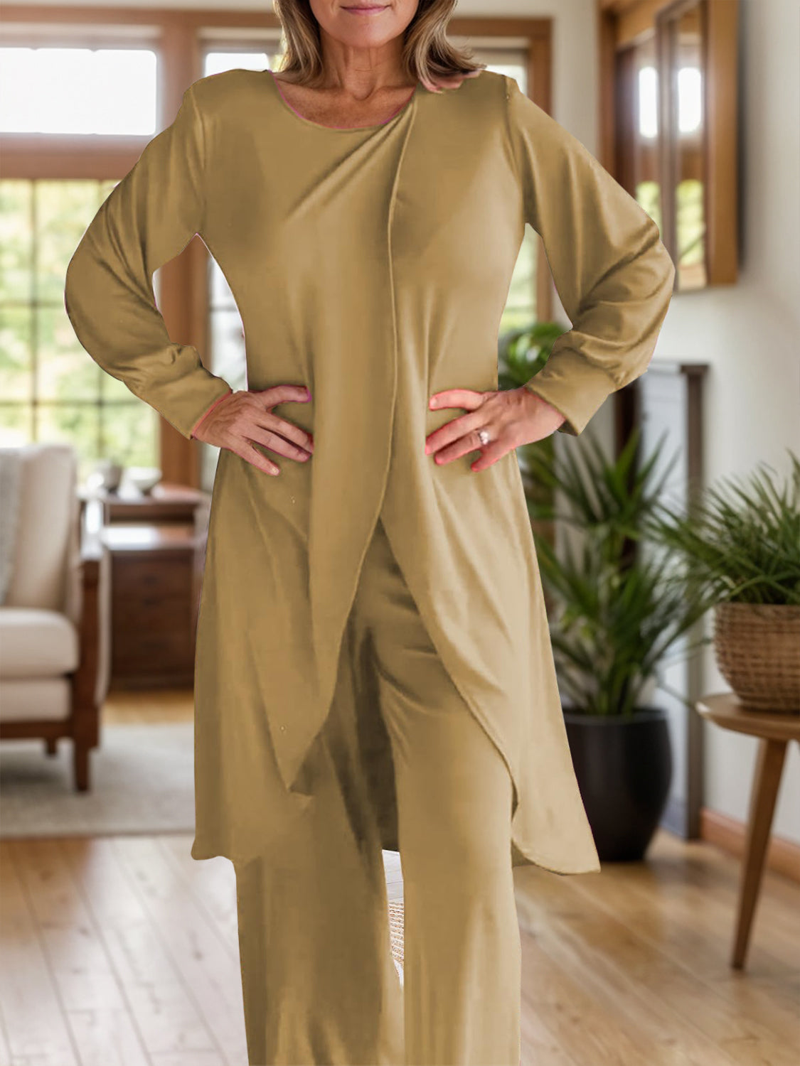 Two-Piece Slit Round Neck Long Sleeve Top and Pants Outfit Set