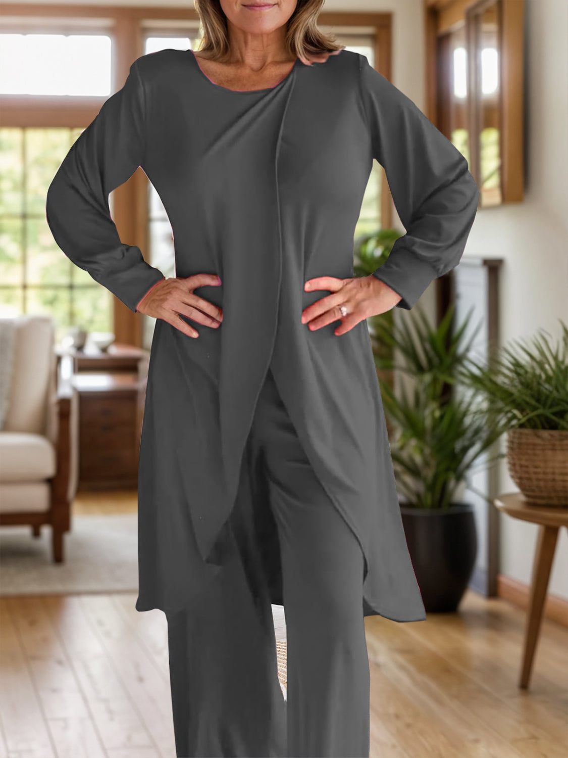 Two-Piece Slit Round Neck Long Sleeve Top and Pants Outfit Set