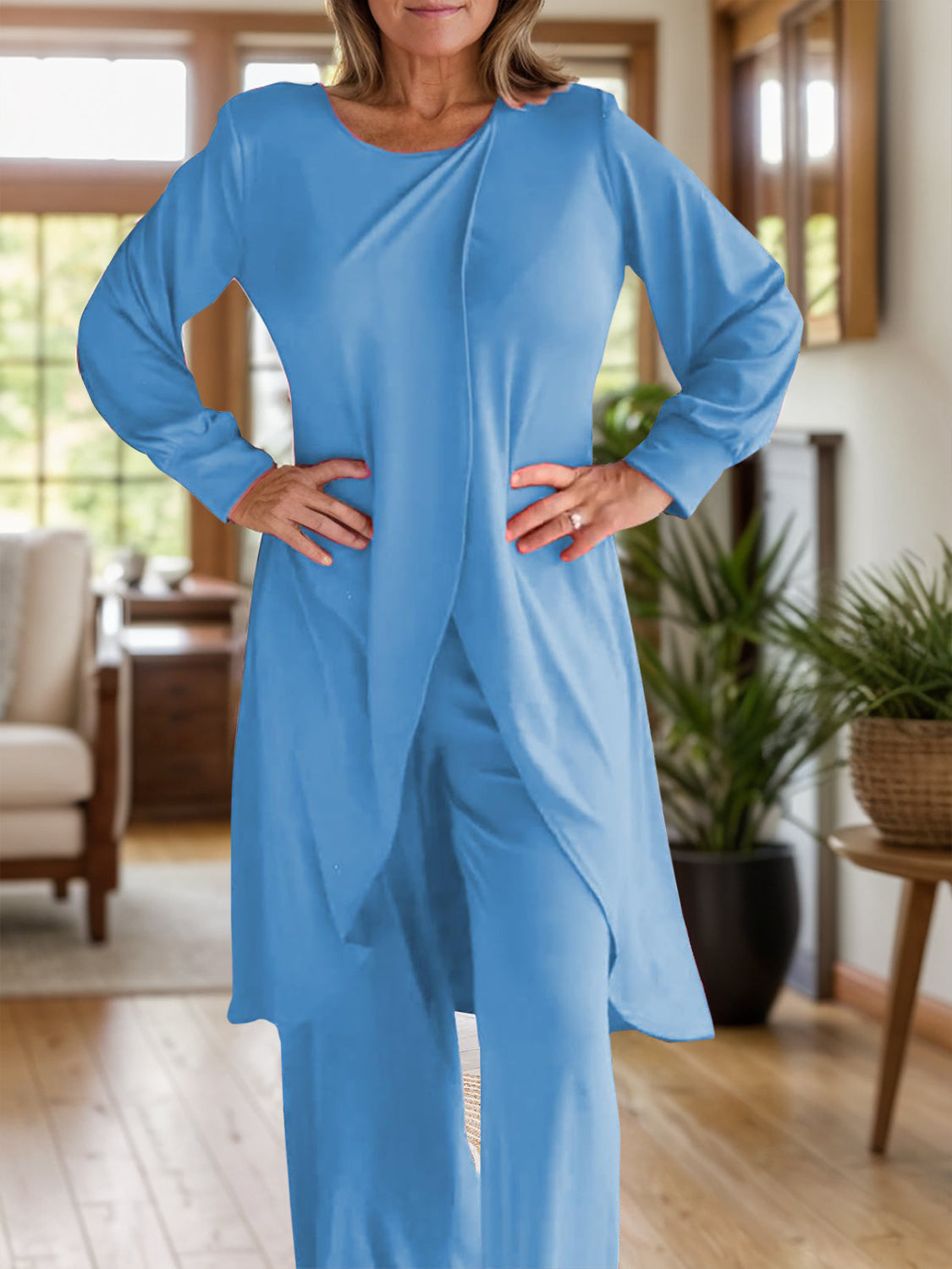 Two-Piece Slit Round Neck Long Sleeve Top and Pants Outfit Set