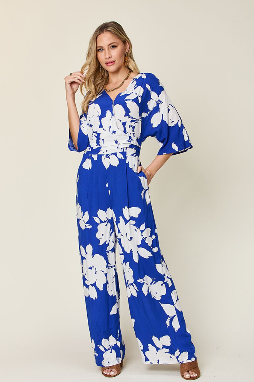 Two piece Set Full Size Printed Tie Back Wide Leg Jumpsuit