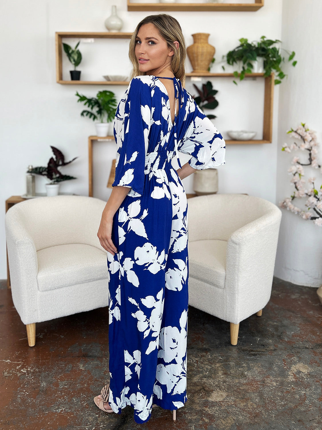Two piece Set Full Size Printed Tie Back Wide Leg Jumpsuit