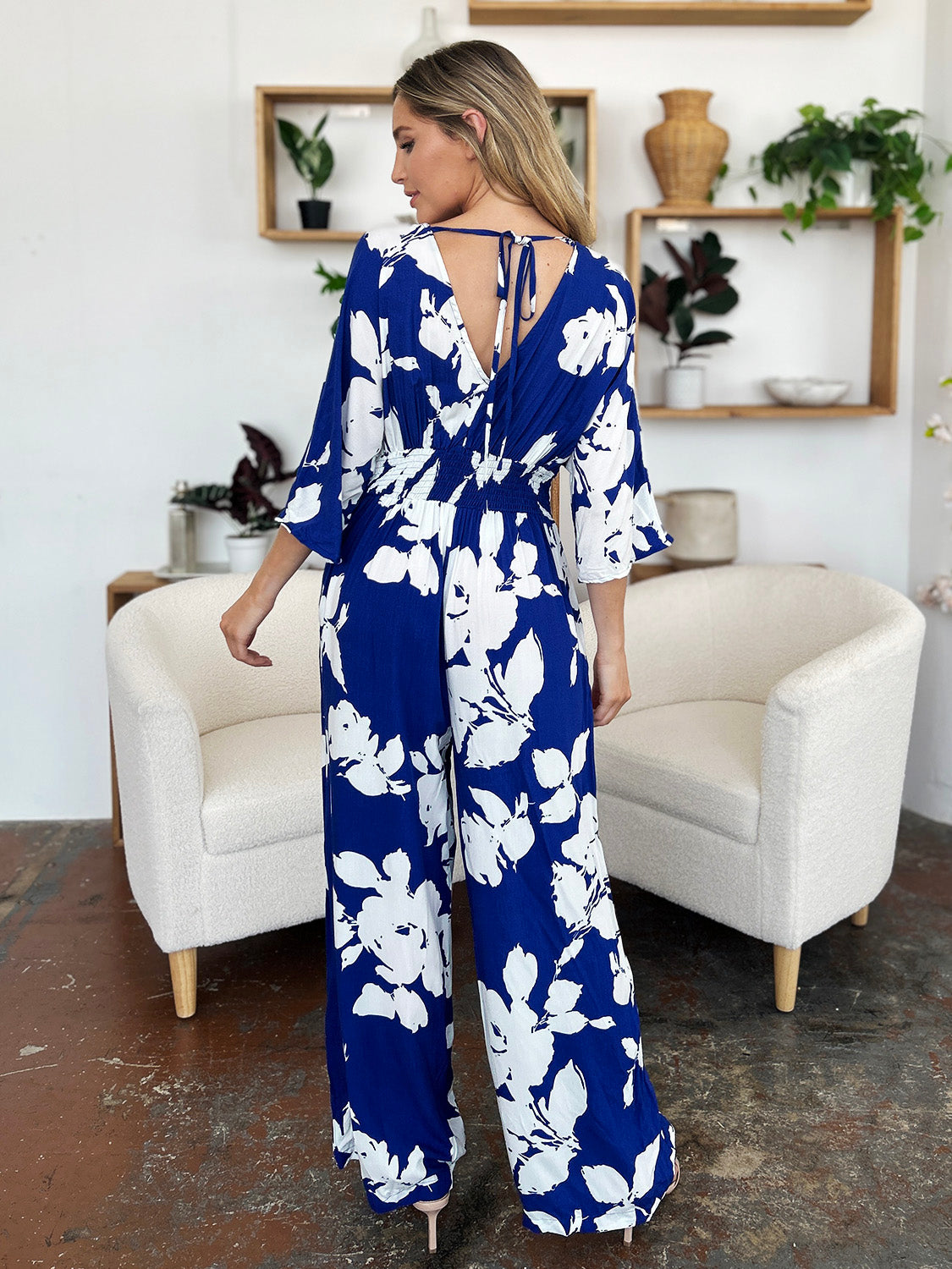 Two piece Set Full Size Printed Tie Back Wide Leg Jumpsuit