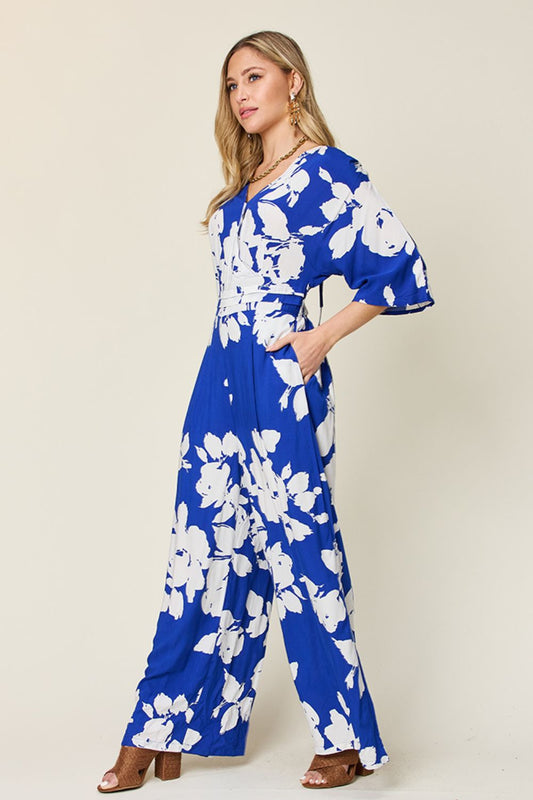Two piece Set Full Size Printed Tie Back Wide Leg Jumpsuit