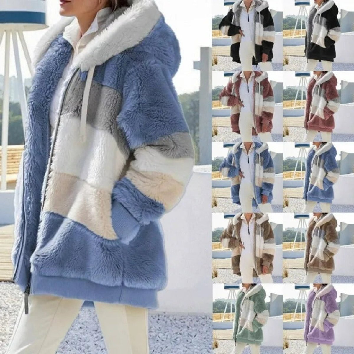 Winter Warm Plush Pocket Hooded Loose Lady Outerwear Coat