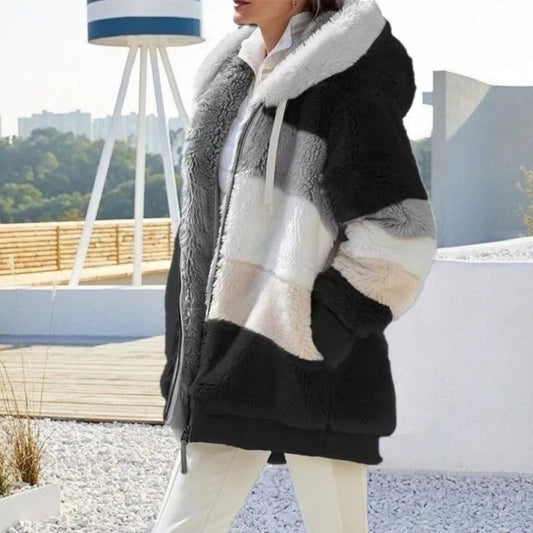 Winter Warm Plush Pocket Hooded Loose Lady Outerwear Coat
