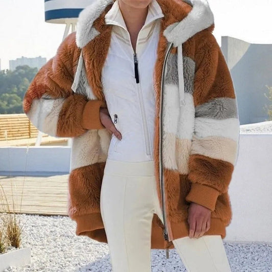 Winter Warm Plush Pocket Hooded Loose Lady Outerwear Coat