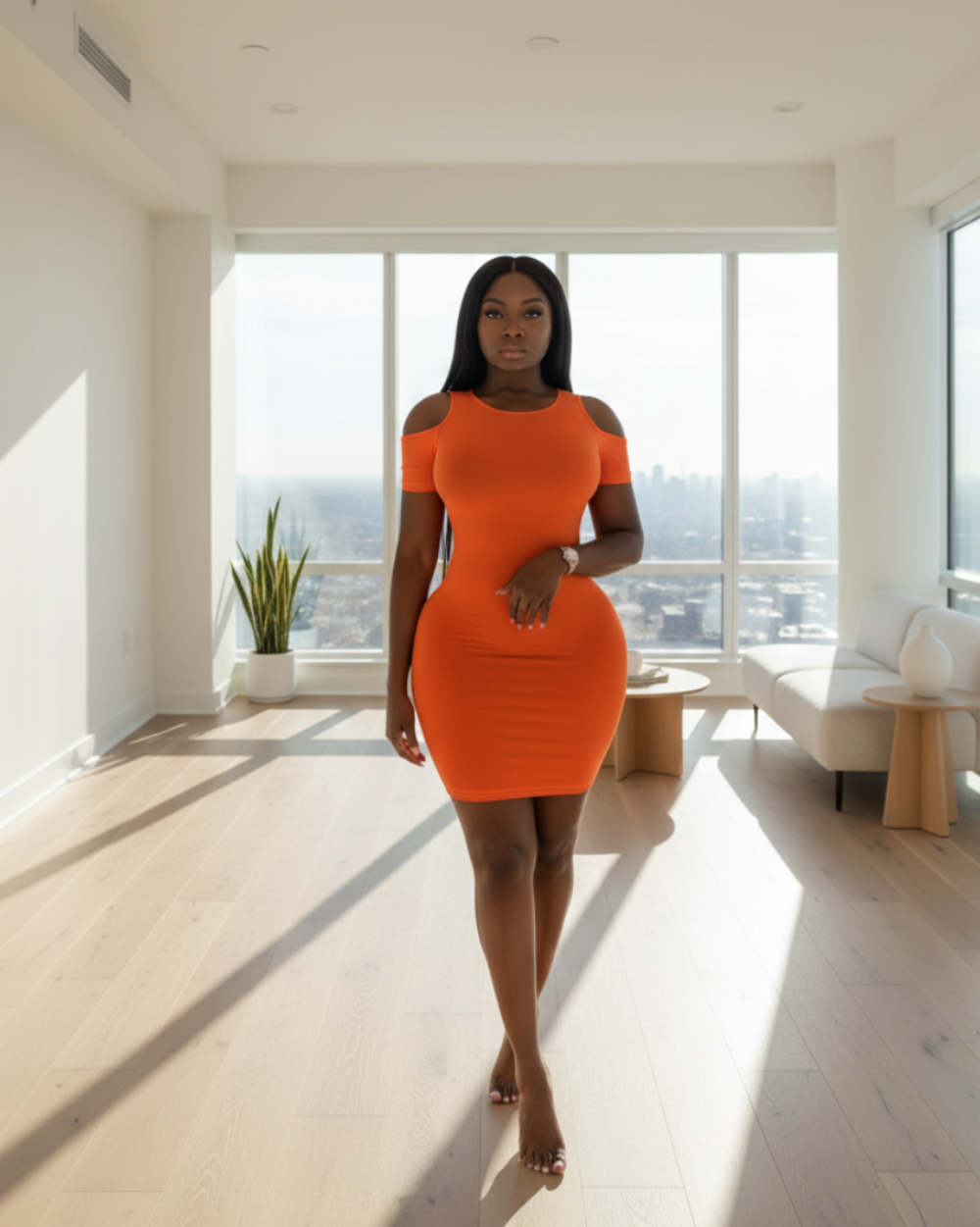 A woman in an orange dress is standing in a modern room with large windows.