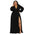 Woman wearing a black long-sleeve gown with a high slit on a white background