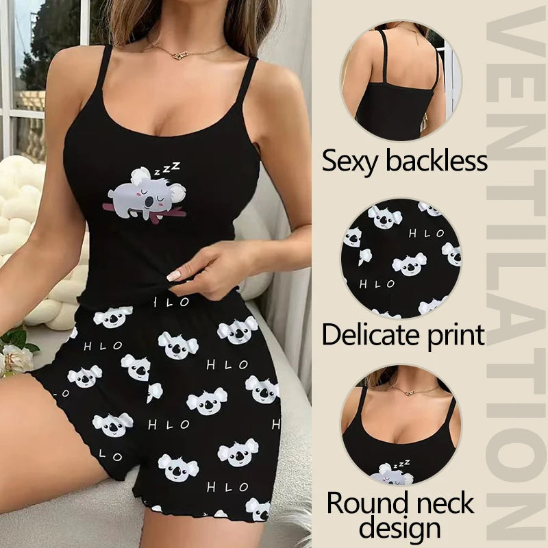 Black tank top and shorts set with koala print, featuring text on design elements.