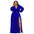 Woman wearing a blue maxi dress with a high slit on a white background