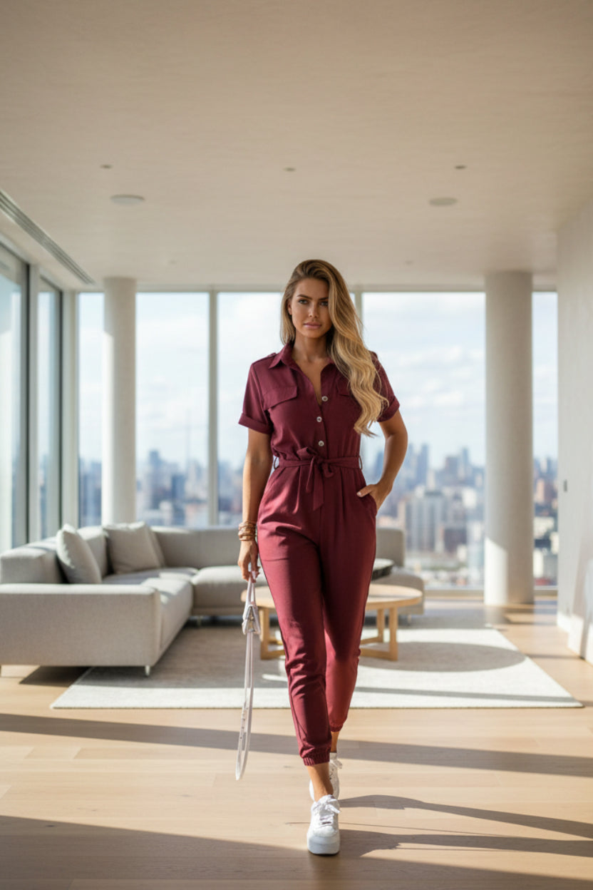 Woman wearing a burgundy jumpsuit with a white handbag against a stone wall.