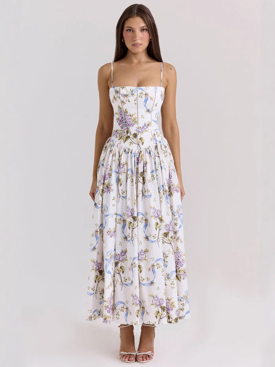 Woman wearing a floral dress on a white background