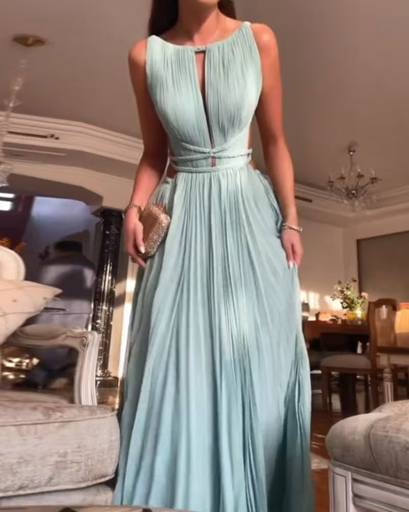 Woman wearing a light blue evening gown in an indoor setting