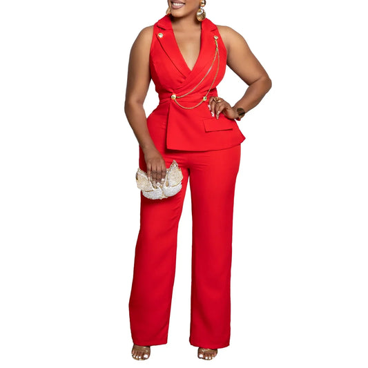 Woman wearing a red outfit with a white background