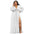 Woman wearing a white long-sleeve dress with a high slit on a white background