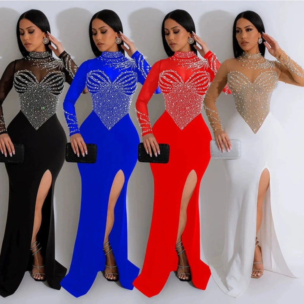 Women Diamonds Hot Rhinestones Maxi Dress Sexy Party Dresses