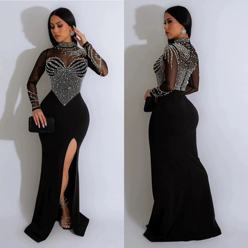 Women Diamonds Hot Rhinestones Maxi Dress Sexy Party Dresses