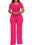 Woman wearing a pink jumpsuit with buttons on a white background