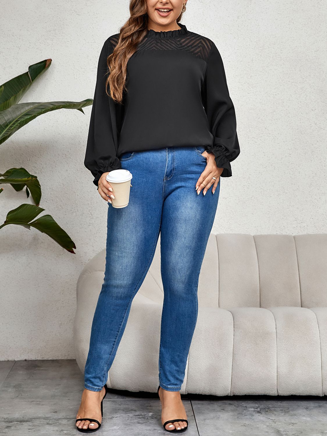 Women Elegant Plus Size Round Neck Flounce Sleeve Blouse Dress