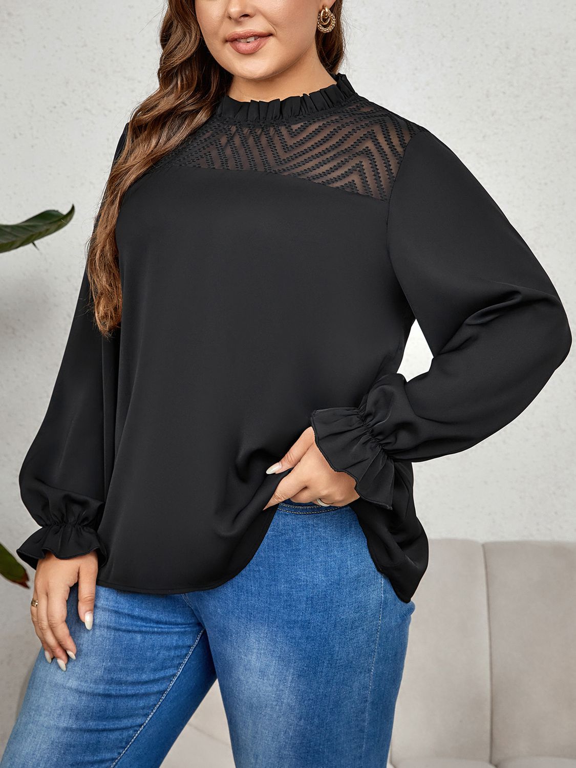 Women Elegant Plus Size Round Neck Flounce Sleeve Blouse Dress