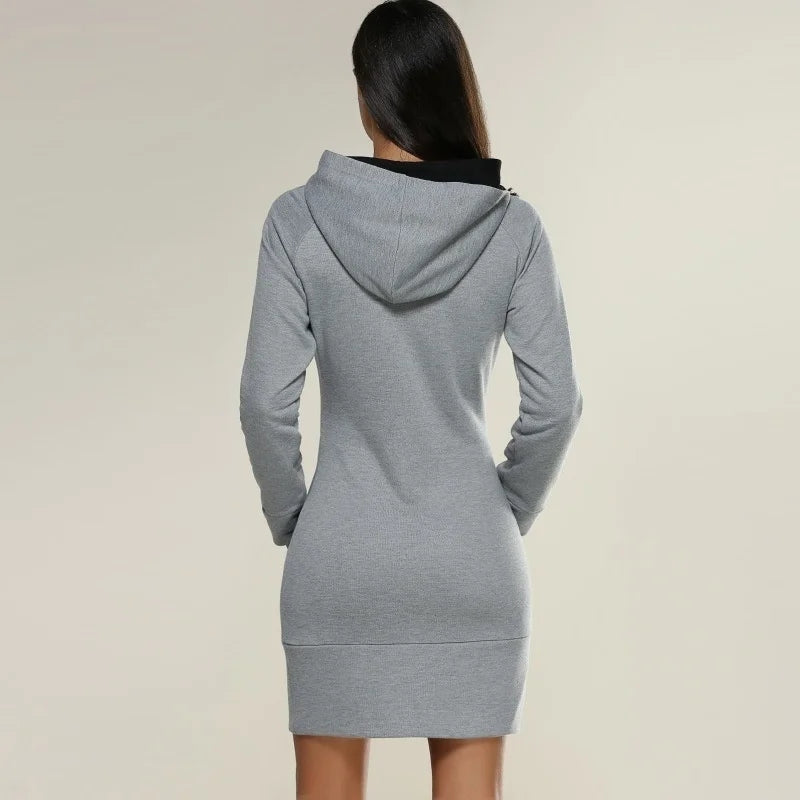 Women Fashion Sweatshirt Pocket Hooded Casual Long Sleeve Mini Dress
