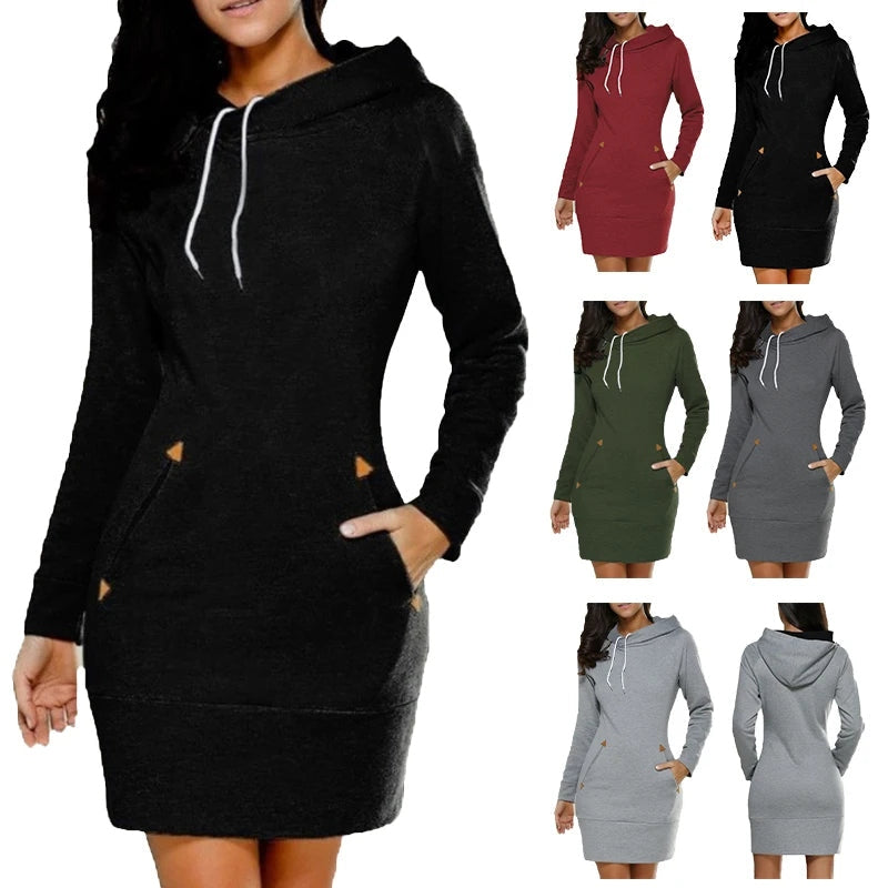 Women Fashion Sweatshirt Pocket Hooded Casual Long Sleeve Mini Dress