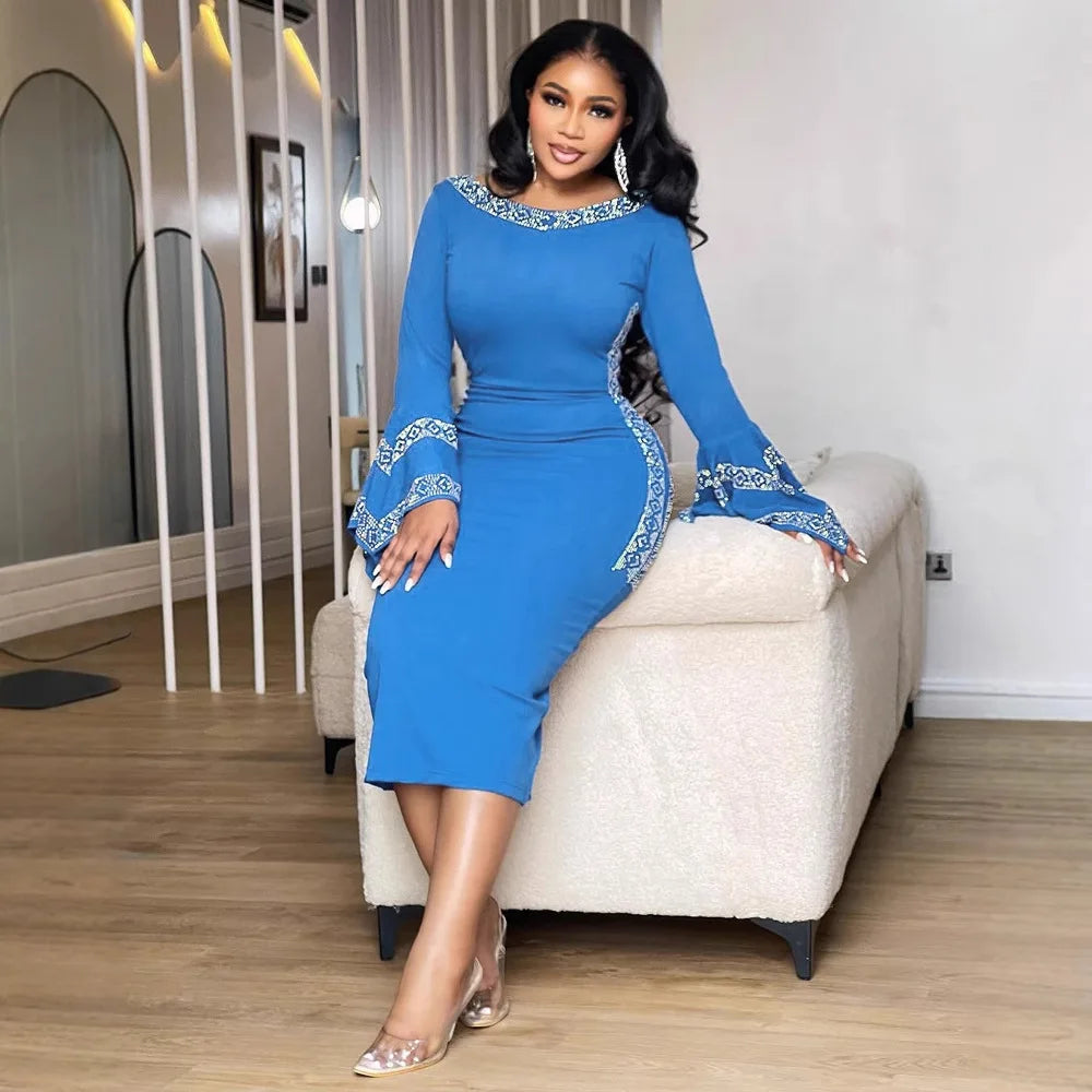 Women O-neck Elegant Long Flare Sleeve Rhinestones Midi Club Dresses