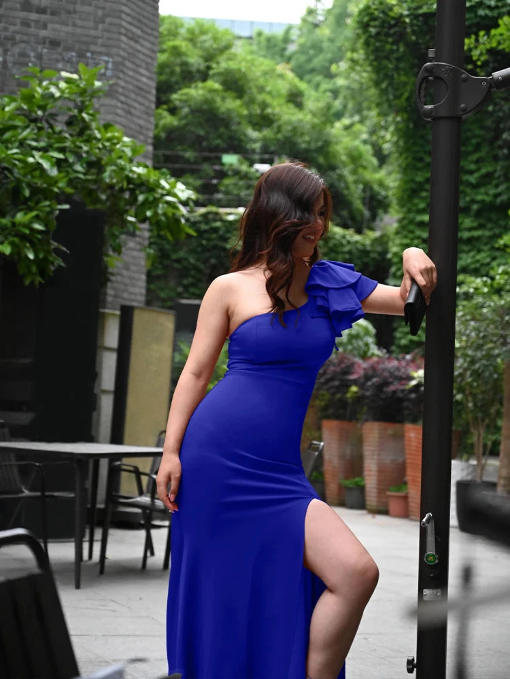 Women One Shoulder Split Sexy Sleeveless Sloping Shoulders Dresses