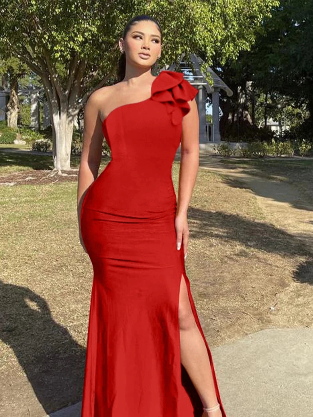 Women One Shoulder Split Sexy Sleeveless Sloping Shoulders Dresses