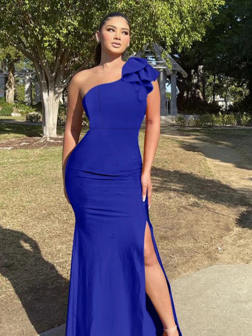 Women One Shoulder Split Sexy Sleeveless Sloping Shoulders Dresses