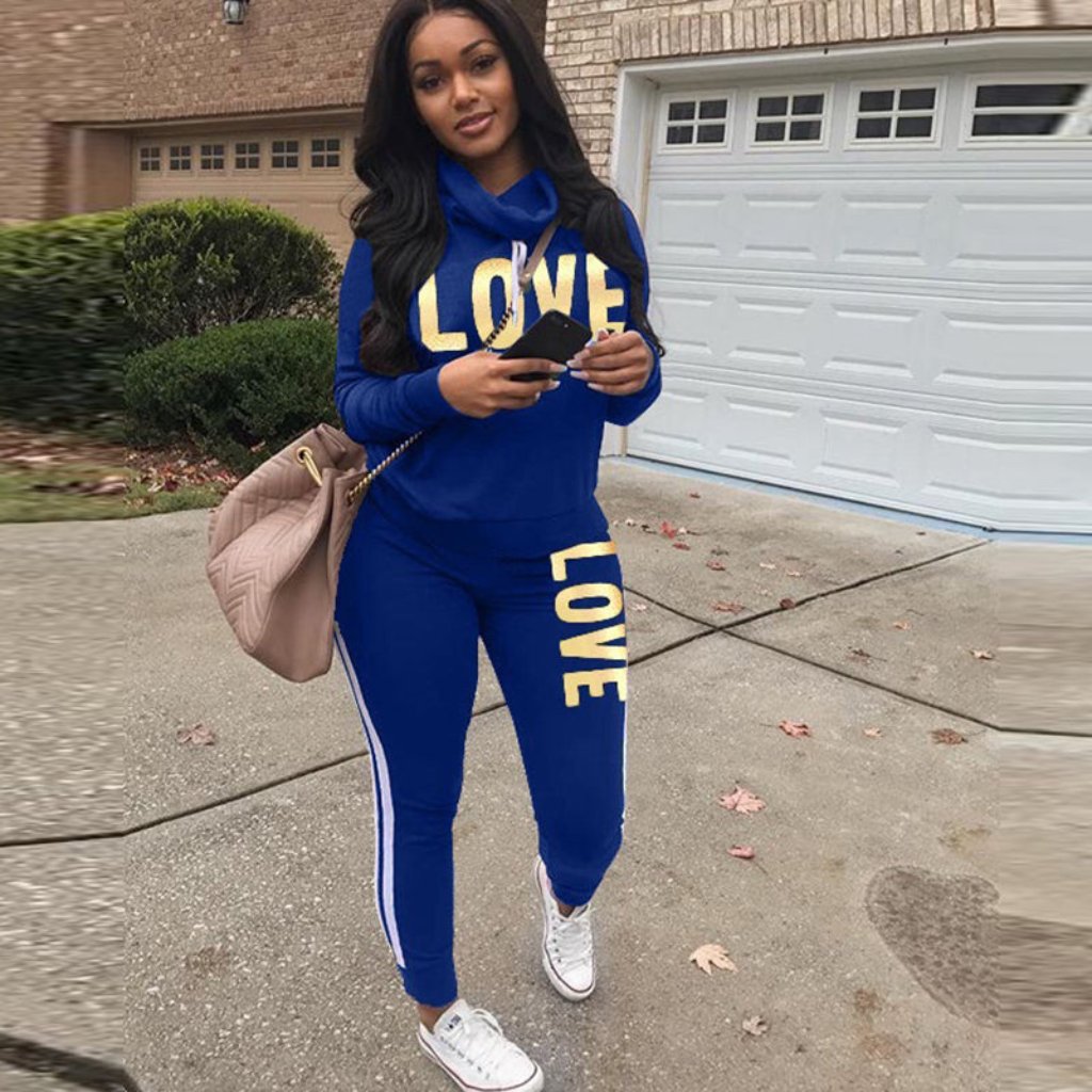 Women Outfit Set LOVE Letter High Neck Hoodies Sweatshirt Tracksuit