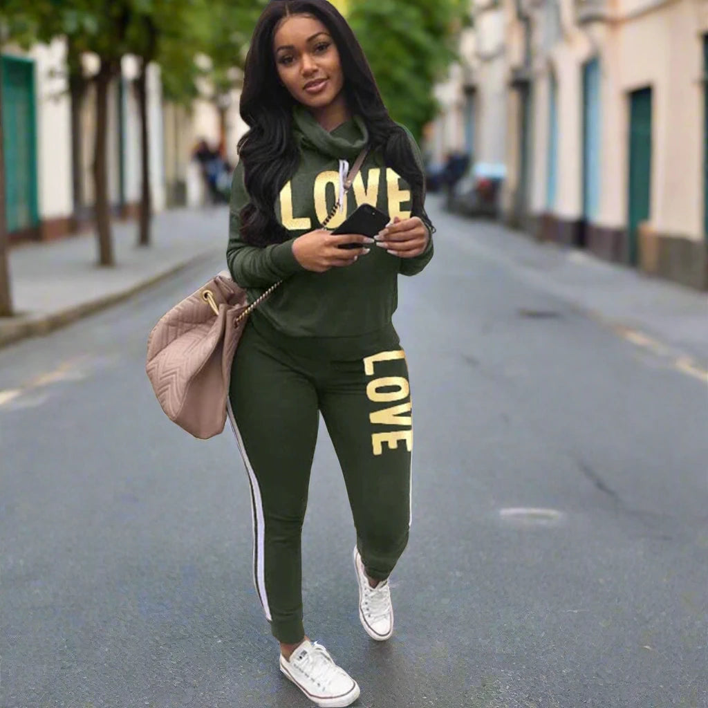 Women Outfit Set LOVE Letter High Neck Hoodies Sweatshirt Tracksuit