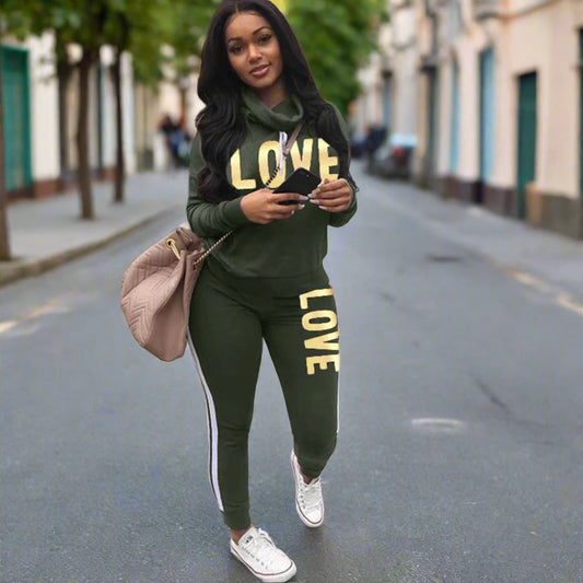 Women Outfit Set LOVE Letter High Neck Hoodies Sweatshirt Tracksuit