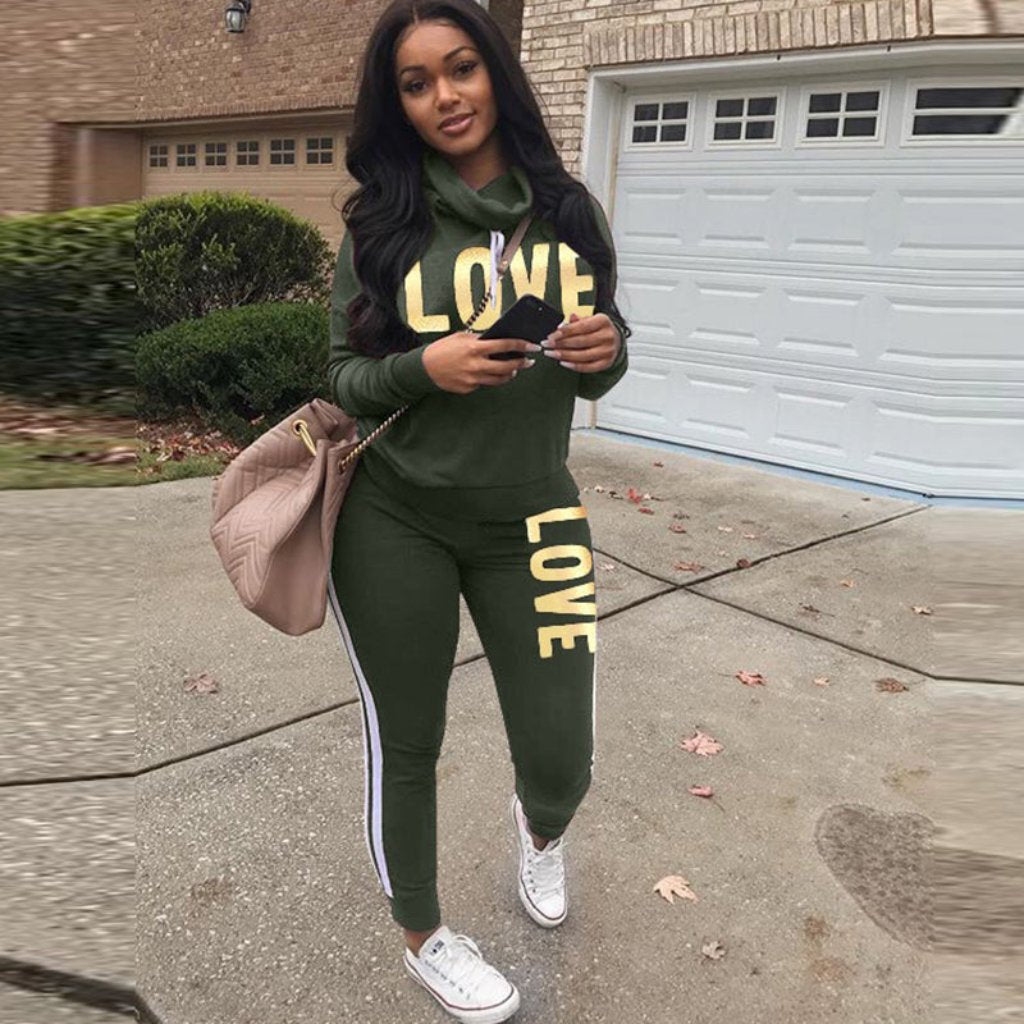 Women Outfit Set LOVE Letter High Neck Hoodies Sweatshirt Tracksuit