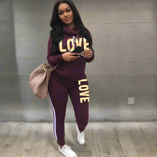 Women Outfit Set LOVE Letter High Neck Hoodies Sweatshirt Tracksuit