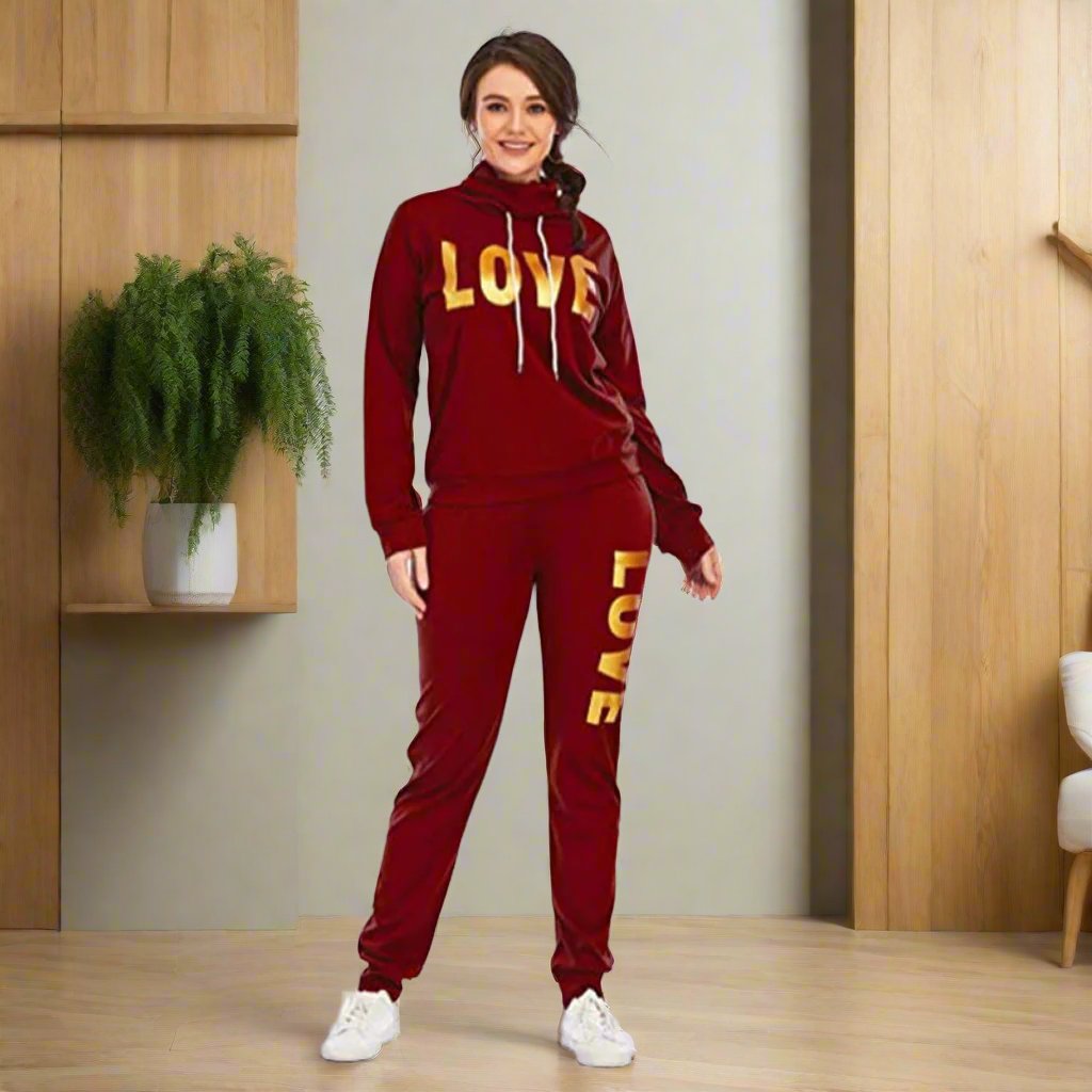 Women Outfit Set LOVE Letter High Neck Hoodies Sweatshirt Tracksuit