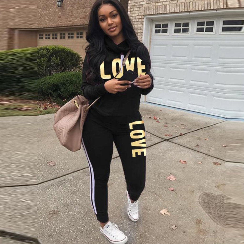 Women Outfit Set LOVE Letter High Neck Hoodies Sweatshirt Tracksuit