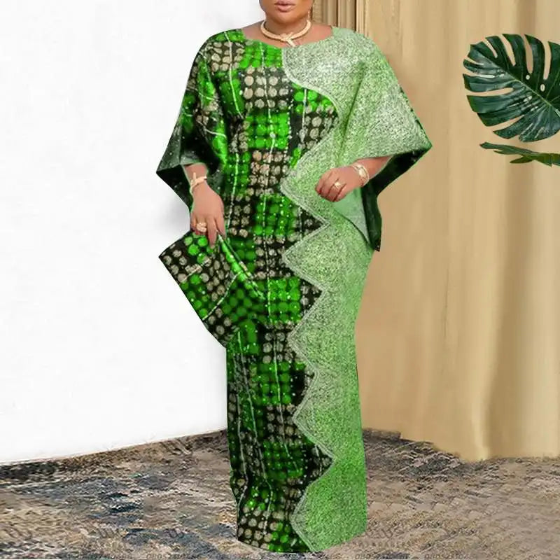 Women Patchwork Bat-wing Sleeve Vestidos Maxi Dress