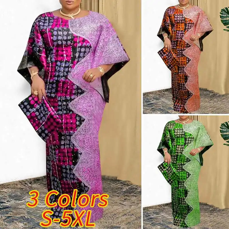 Women Patchwork Bat-wing Sleeve Vestidos Maxi Dress