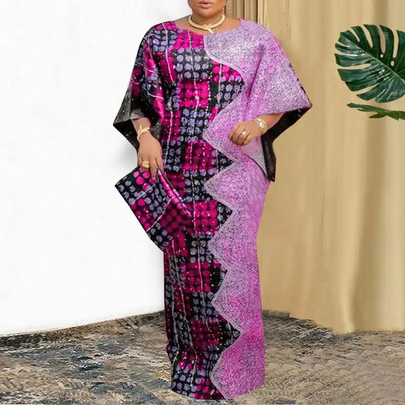 Women Patchwork Bat-wing Sleeve Vestidos Maxi Dress