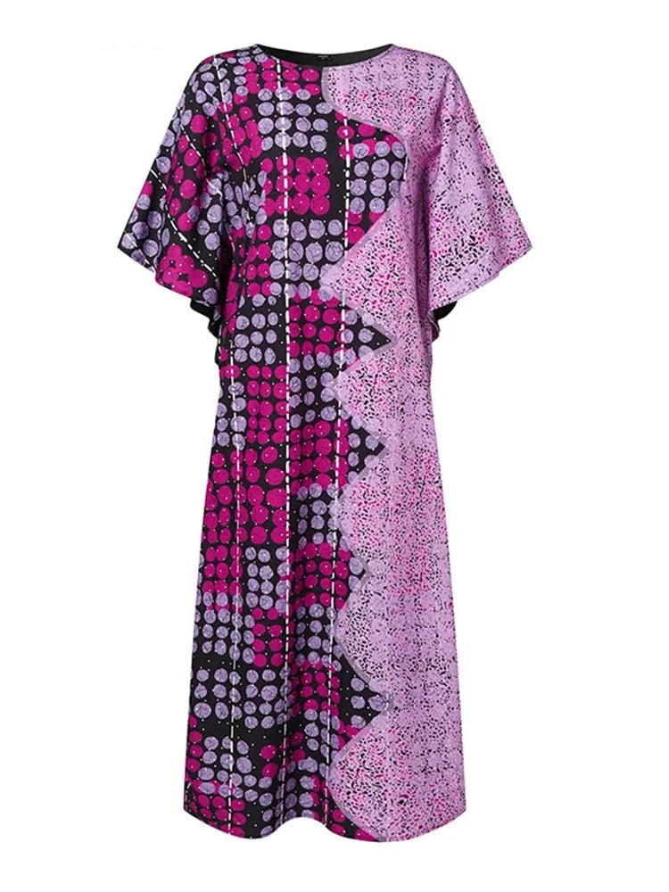 Women Patchwork Bat-wing Sleeve Vestidos Maxi Dress