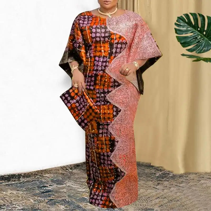 Women Patchwork Bat-wing Sleeve Vestidos Maxi Dress