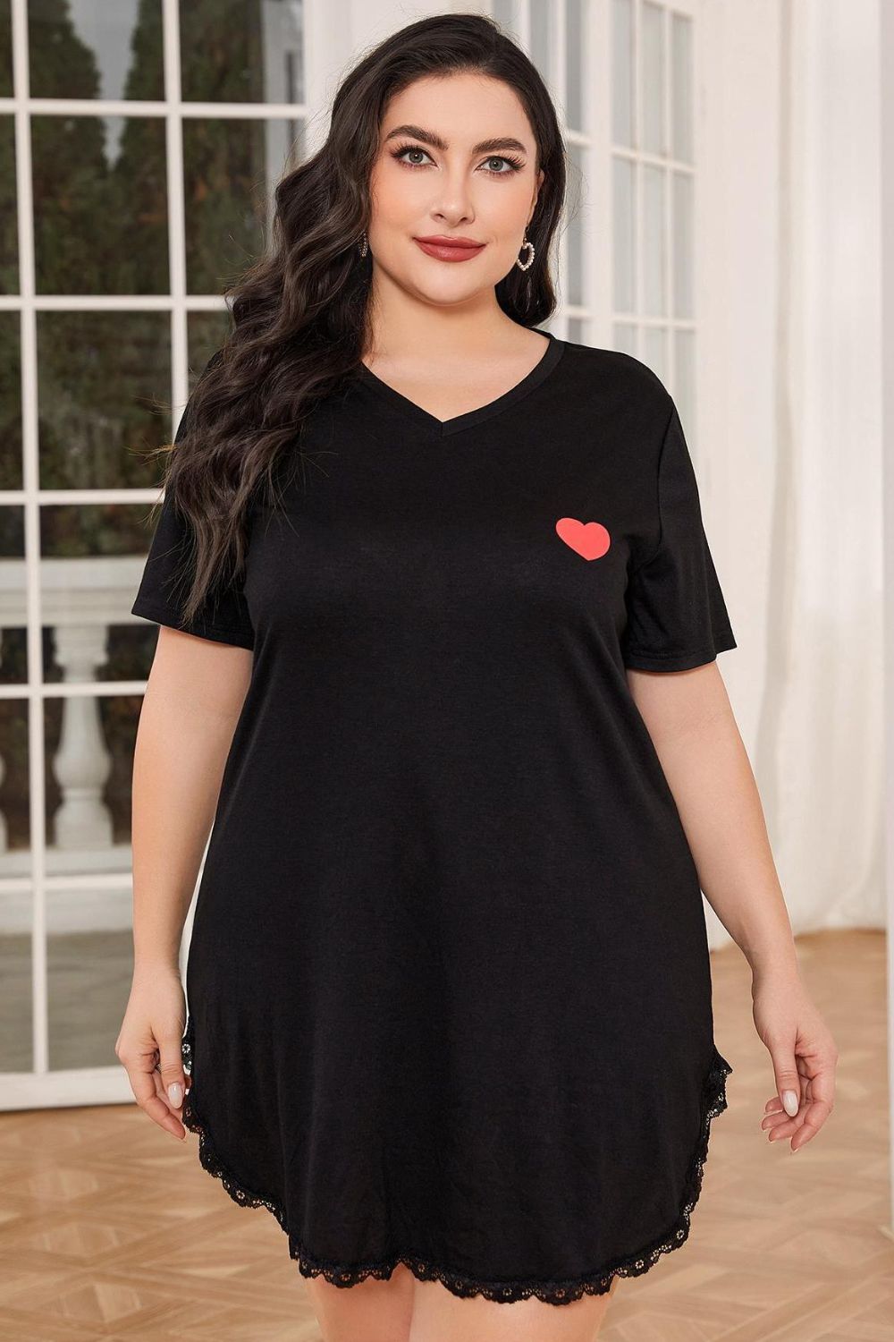 Women Plus Size Lace Trim V-Neck Short Sleeve Night Dress